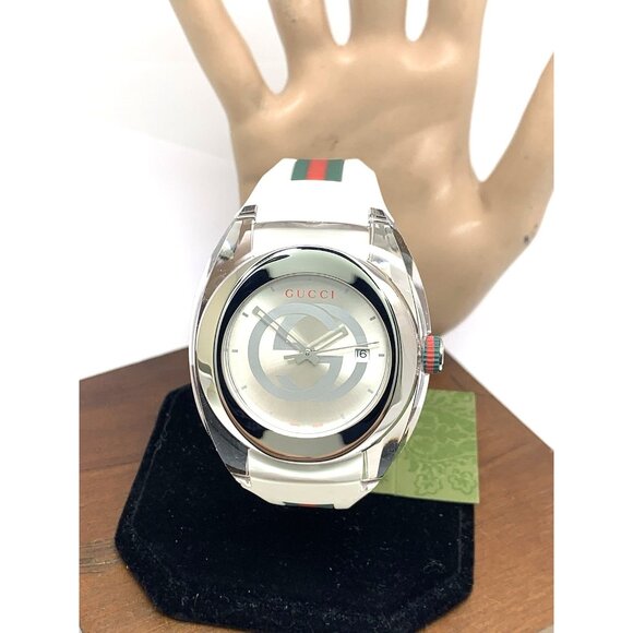 GUCCI Men's Watch SYNC YA137102 Swiss Quartz Clear Case White Rubber Band 46mm - Picture 1 of 14